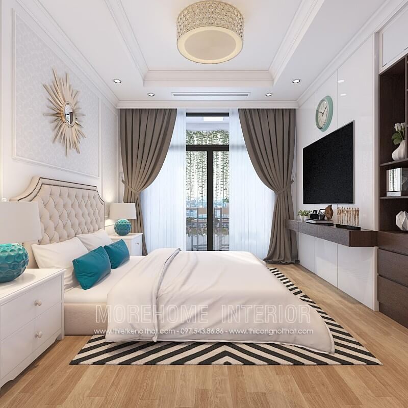 Trang trí phòng ngủ chung cư và ấn tượng với điểm nhấn giường ngủ gỗ tần bì bọc da phong cách tân cổ điển nhẹ nhàng